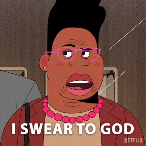 a cartoon of a woman with glasses and a necklace says i swear to god
