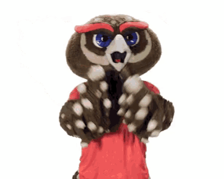 an owl mascot wearing a red shirt that says university