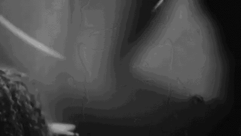 a black and white photo of a person standing in a dark room with a blurred background .