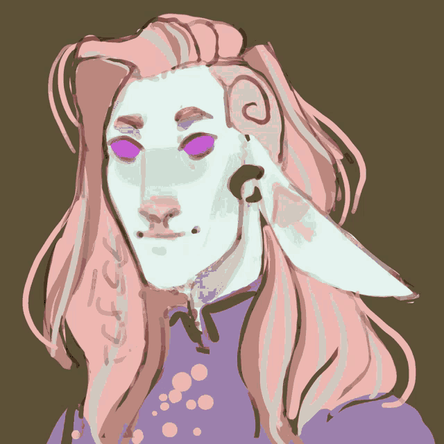 a drawing of a person with long pink hair and purple eyes