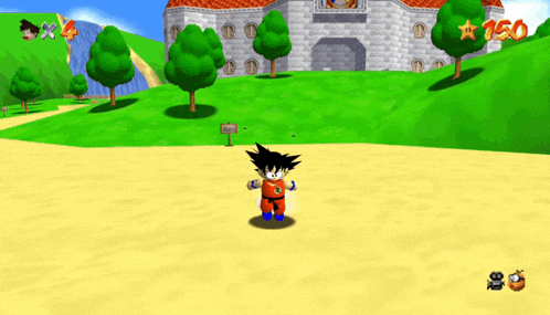 a video game screen shows a cartoon character named goku standing in front of a castle