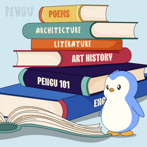 a penguin is standing in front of a stack of books including penguin 101