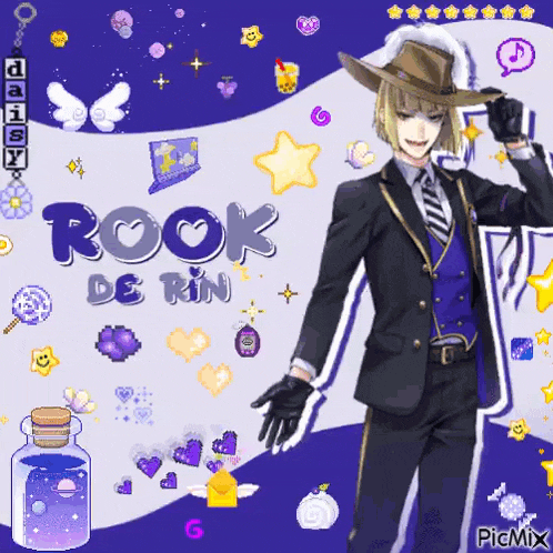 a pixel art of a man in a suit and hat with the name rook de rin on the bottom .