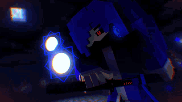 a minecraft character with blue hair and red eyes holding a sword