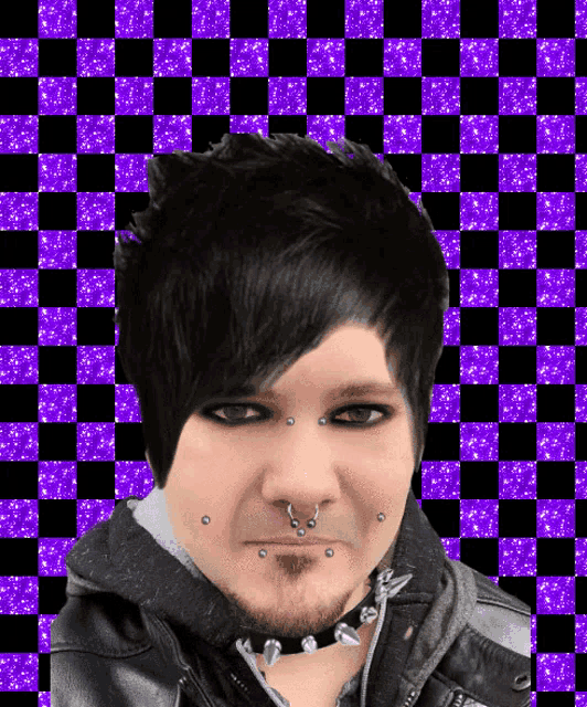 a black and purple checkered background with a man with piercings on his face