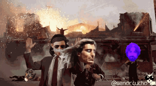 a pixel art of a man in a suit and tie standing in front of a fire