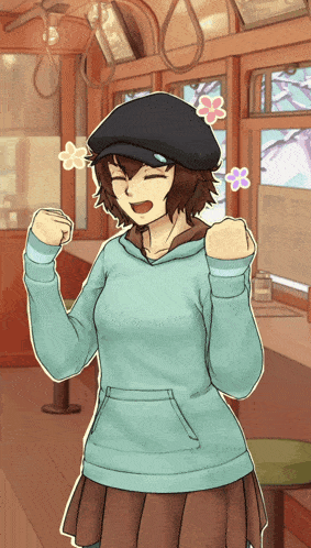 a cartoon of a girl wearing a hat and a blue shirt