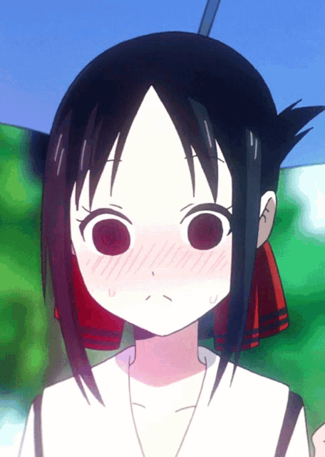 a close up of a girl with red eyes and a red bow