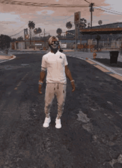 a man wearing a mask is walking down a street in a video game
