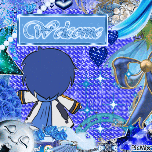 a welcome sign with a blue background and a blue cartoon character