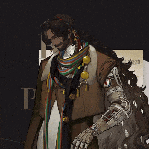 a drawing of a man holding a horse mask with the letter b in the background