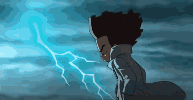 a cartoon character is standing in front of a lightning storm .