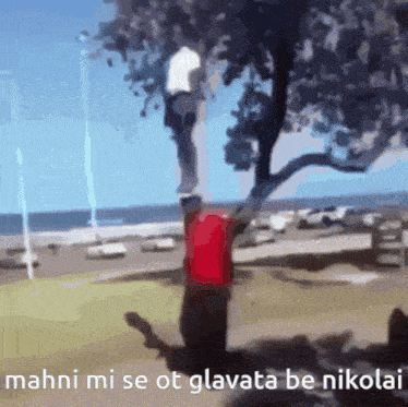 a man in a red shirt is hanging from a tree branch with the words mahni mi se ot glavata be nikolai below him