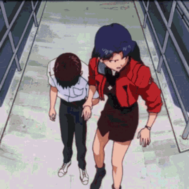 a man and a woman are walking down a hallway in an anime