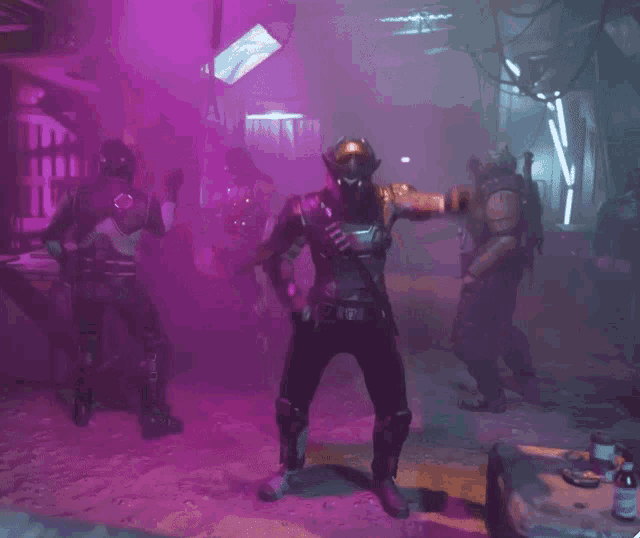 a video game character is dancing in a dark room with purple smoke