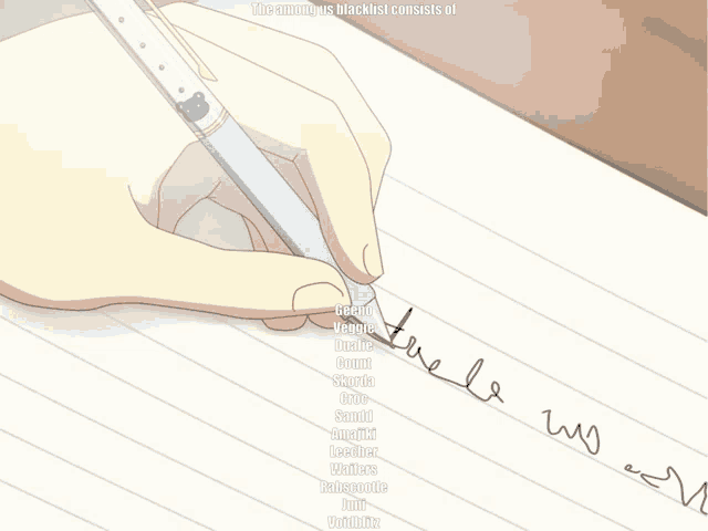 a hand is writing on a piece of paper with the words " the month 's blacklist consists of " written below it