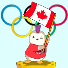 a cartoon of a penguin holding a canadian flag in front of the olympic rings