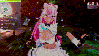a girl with pink hair and a cat ear is playing a video game on a computer screen .