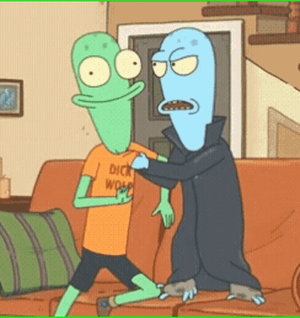 a cartoon character with a shirt that says dick world on it