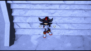 shadow the hedgehog is sitting on a staircase with rings on his feet