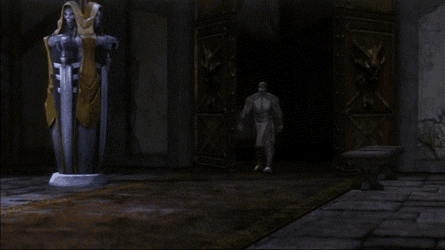 a video game character is standing in a dark room with a shield in the background