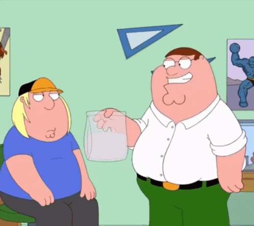 a cartoon of peter griffin holding a glass of water next to another man