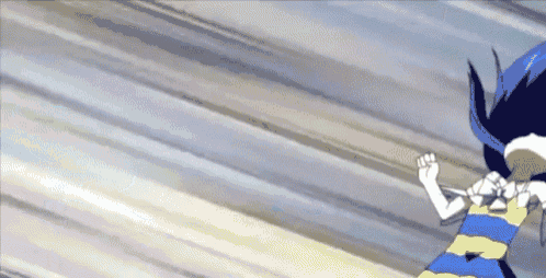 a girl in a blue and yellow striped dress is running in a cartoon .