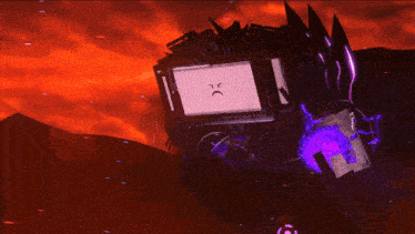 a purple and black robot with a sad face on it
