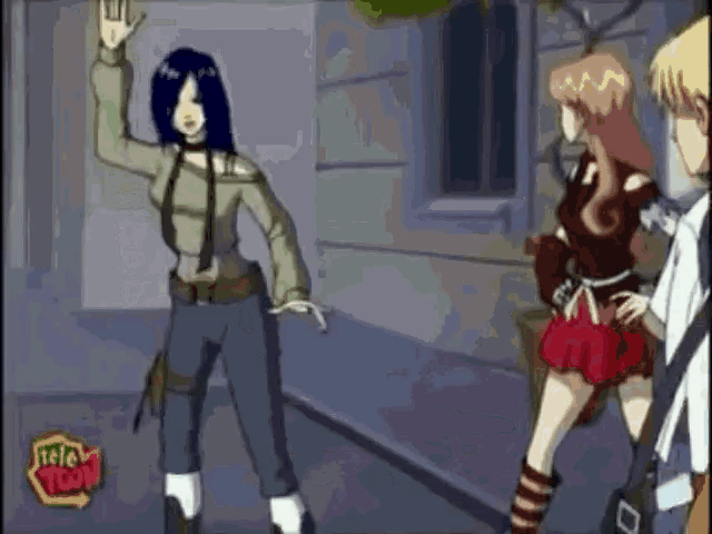 a cartoon of a girl waving in front of a sign that says tele toon