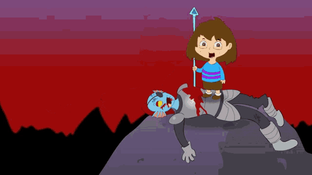 a cartoon of a girl standing on a knight 's head