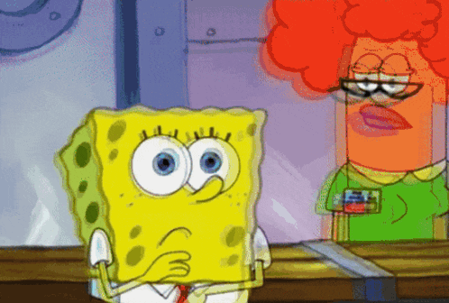 a cartoon of spongebob and a red haired woman