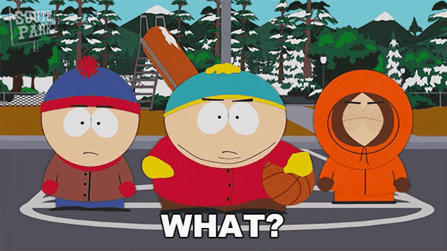 three south park characters are standing on a basketball court and one of them is holding a basketball and the other is holding a baseball bat