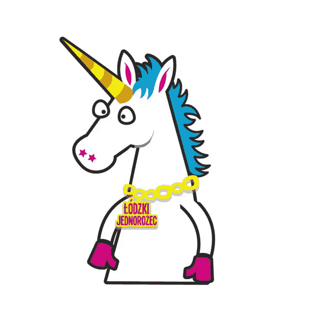 a cartoon unicorn with lodzki jednorozec written on it 's chest