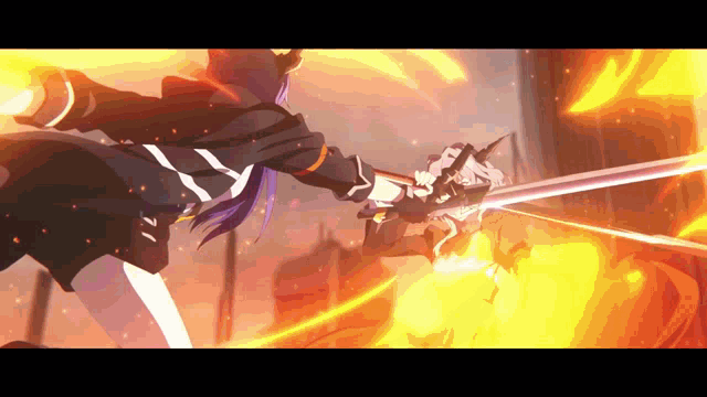 a cartoon character with purple hair is holding a sword in front of a fire