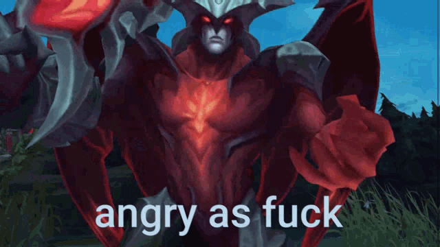 a cartoon of a demon with the words angry as fuck below him