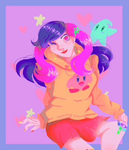 a drawing of a girl with pink hair and a kirby sweatshirt