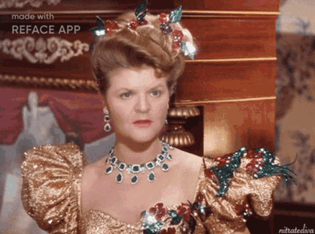 a woman in a gold dress with a necklace and earrings is being made with reface app