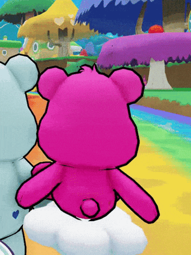 a pink teddy bear is sitting on a cloud in a cartoon scene