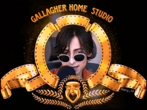 a logo for gallagher home studio with a man in sunglasses