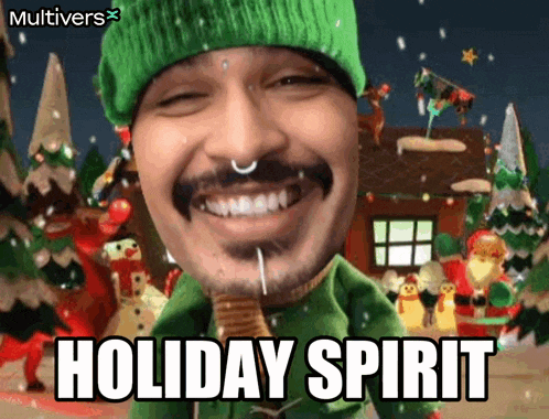 a man in a green hat is smiling with the words holiday spirit written above him