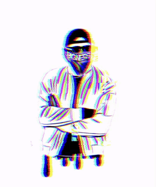 a colorful drawing of a man with his arms crossed and a bandana on his face that says business