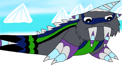 a cartoon drawing of a creature with a purple and green outfit