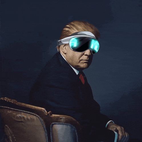 a man in a suit and tie wearing a pair of goggles that say mega