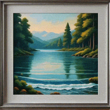 a framed painting of a river surrounded by trees and mountains