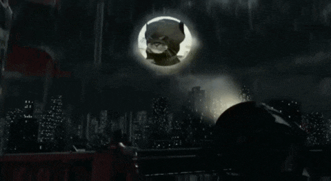 a cat is flying through the air over a city at night