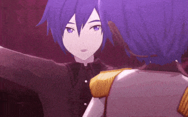 a boy with purple hair is standing next to a girl