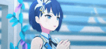 a blue haired anime girl with a flower in her hair is standing in front of a building .