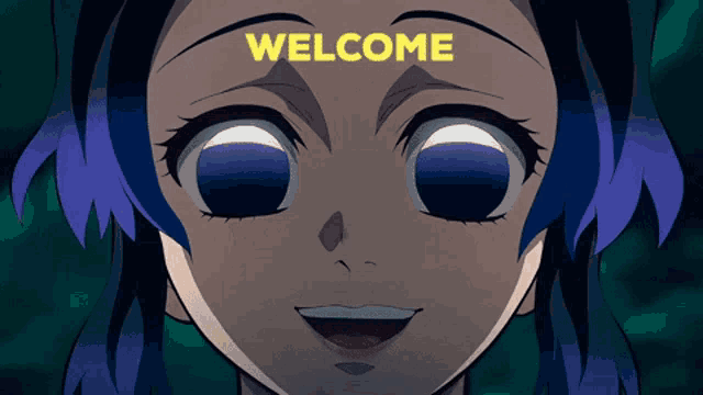 a close up of a girl 's face with the word welcome above her
