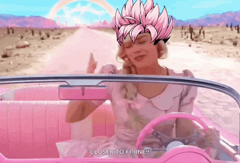 a woman in a pink dress is driving a pink car and says " closer to fi-line "