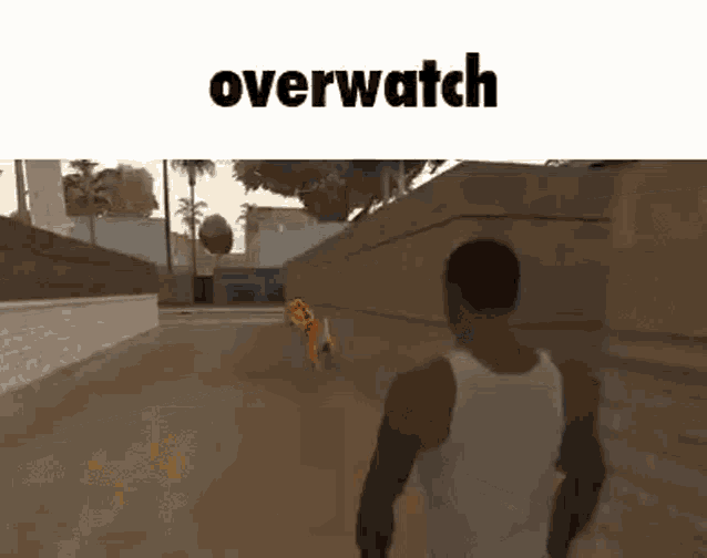 a man is walking down a street in a video game while a dog is running behind him .